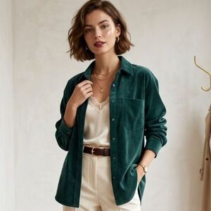 Zara Fine-Waled Emerald Green Corduroy Oversized Long Sleeve Button Blouse SZ M